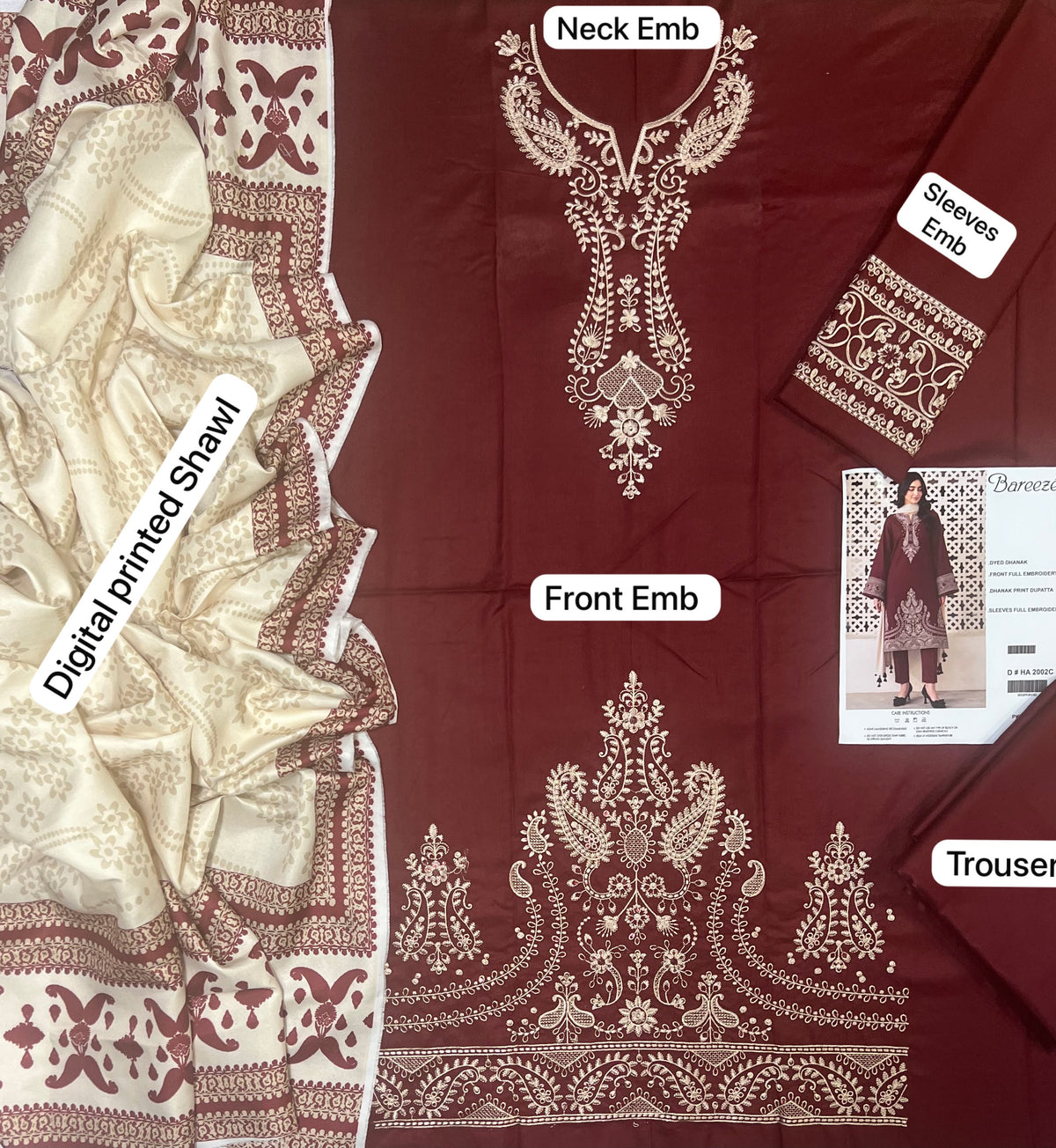 Bareeze HA-2002C Maroon Dhanak Suit - 3-Piece Flat Lay with Neck Emb, Front Emb, Digital Shawl and Trouser