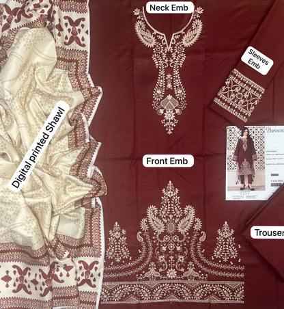 Bareeze HA-2002C Maroon Dhanak Suit - 3-Piece Flat Lay with Neck Emb, Front Emb, Digital Shawl and Trouser