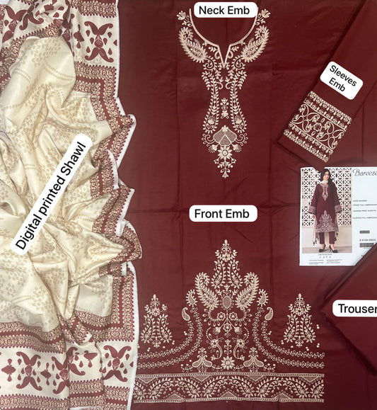 Bareeze HA-2002C Maroon Dhanak Suit - 3-Piece Flat Lay with Neck Emb, Front Emb, Digital Shawl and Trouser