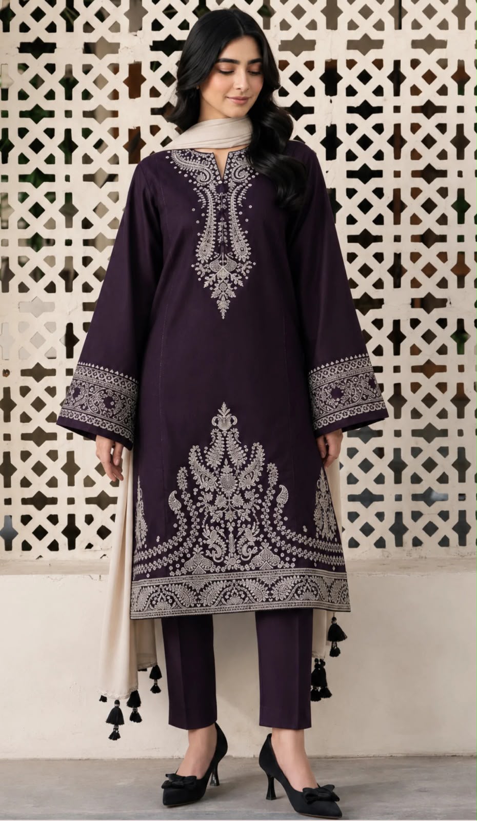 Bareeze Purple Winter Dhanak Suit - Model Wearing 3-Piece Embroidered Suit with Digital Printed Shawl