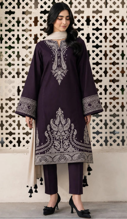 Bareeze Purple Winter Dhanak Suit - Model Wearing 3-Piece Embroidered Suit with Digital Printed Shawl