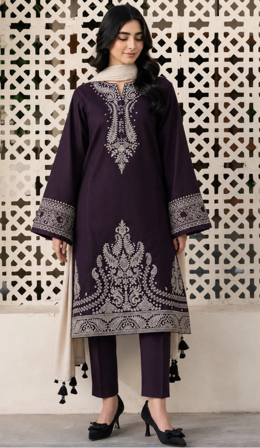 Bareeze Purple Winter Dhanak Suit - Model Wearing 3-Piece Embroidered Suit with Digital Printed Shawl