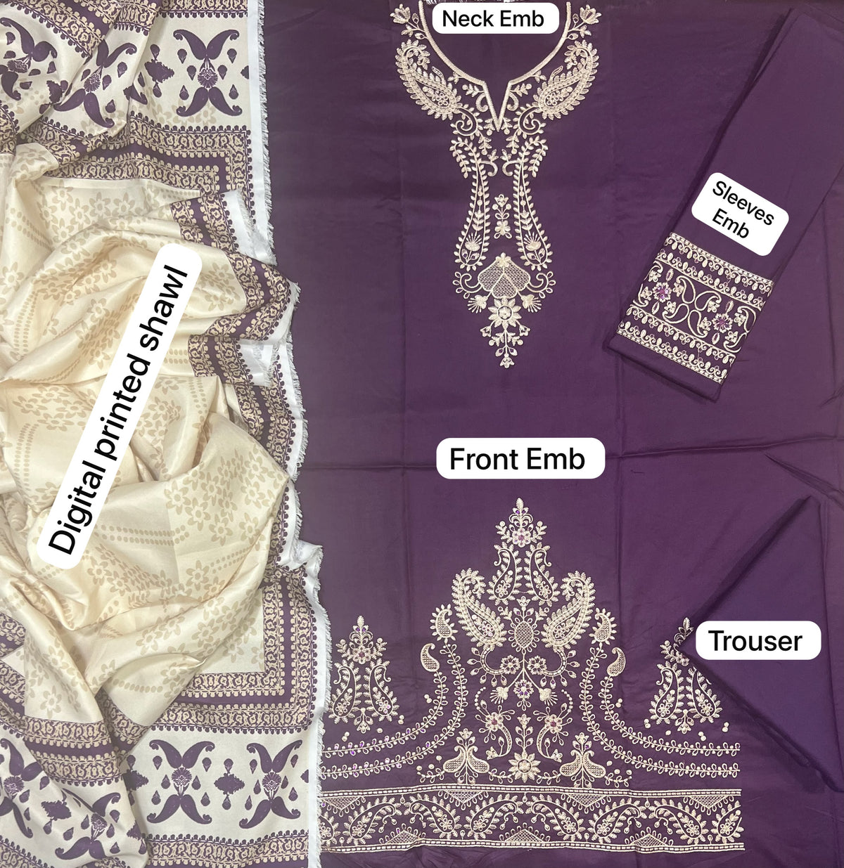 Bareeze Purple Dhanak Suit - 3-Piece Flat Lay with Neck Emb, Front Emb, Digital Shawl and Trouser