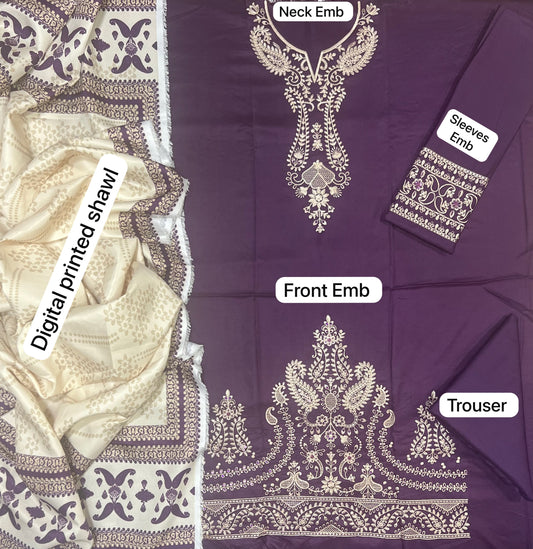 Bareeze Purple Dhanak Suit - 3-Piece Flat Lay with Neck Emb, Front Emb, Digital Shawl and Trouser