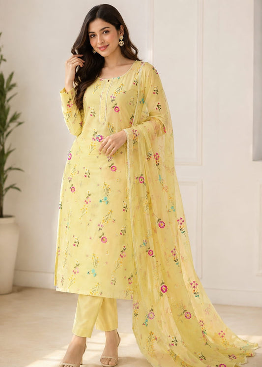 Gul Ahmed Winter 2026 Design-M - Model Wearing Yellow Embroidered Dhanak Suit with Digital Printed Shawl