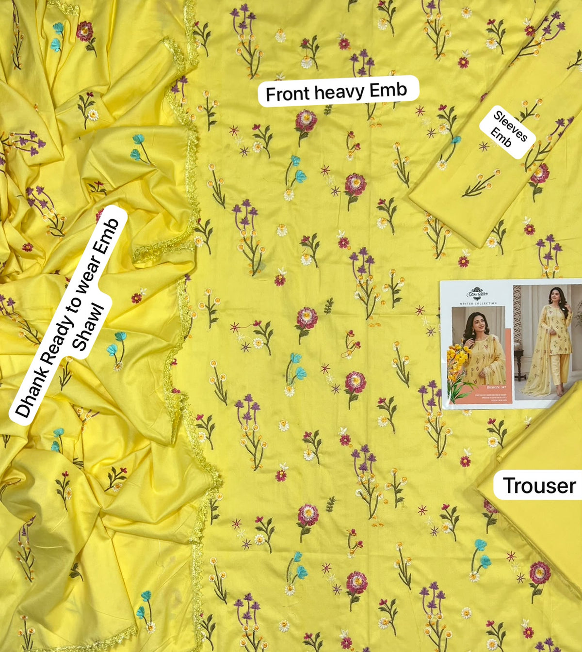 Gul Ahmed Winter 2026 Design-M - Yellow Floral Dhanak 3-Piece Flat Lay with Shawl and Trouser