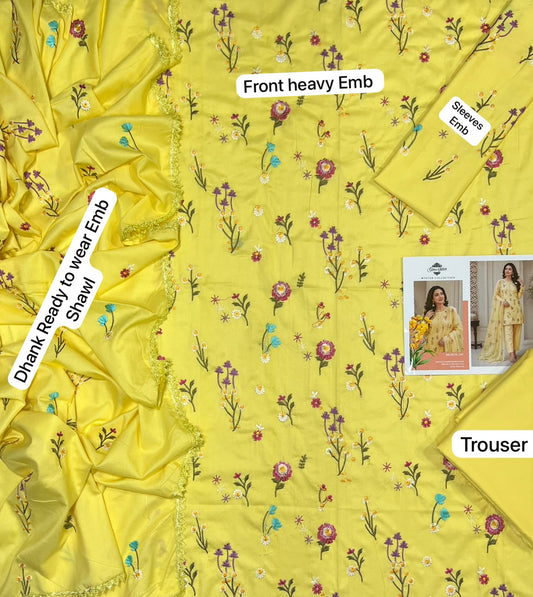 Gul Ahmed Winter 2026 Design-M - Yellow Floral Dhanak 3-Piece Flat Lay with Shawl and Trouser