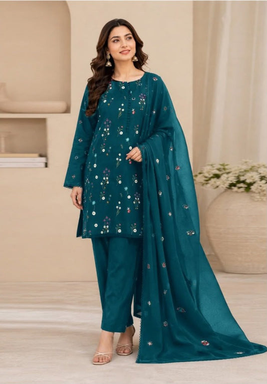 Gul Ahmed Winter 2026 Design-M Teal - Model Wearing Teal Embroidered Dhanak Suit with Shawl