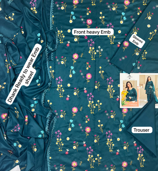 Gul Ahmed Winter 2026 Design-M Teal - Floral Dhanak 3-Piece Flat Lay with Embroidered Shawl and Trouser