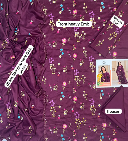 Gul Ahmed Winter 2026 Design-M Plum - Floral Dhanak 3-Piece Flat Lay with Embroidered Shawl and Trouser