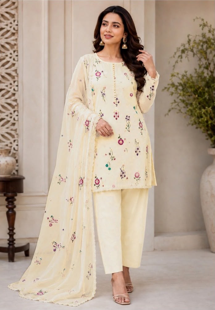 Gul Ahmed Winter 2026 Design-M Cream - Model Wearing Cream Embroidered Dhanak Suit with Shawl