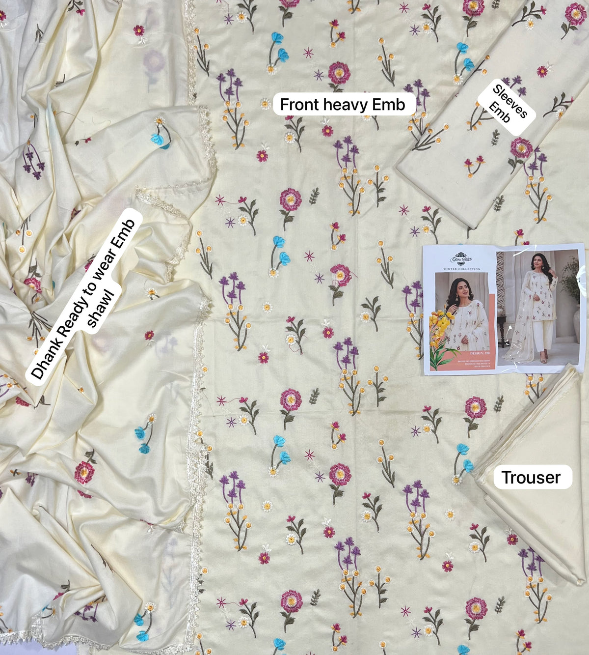 Gul Ahmed Winter 2026 Design-M Cream - Floral Dhanak 3-Piece Flat Lay with Embroidered Shawl and Trouser