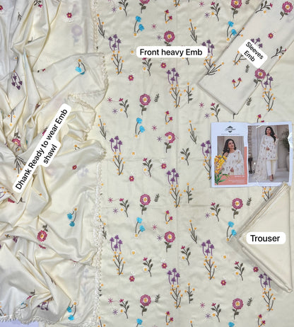 Gul Ahmed Winter 2026 Design-M Cream - Floral Dhanak 3-Piece Flat Lay with Embroidered Shawl and Trouser