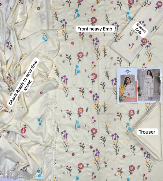 Gul Ahmed Winter 2026 Design-M Cream - Floral Dhanak 3-Piece Flat Lay with Embroidered Shawl and Trouser
