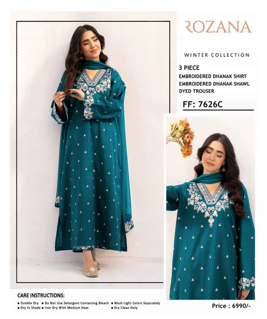 Rozana FF 7626C Embroidered Dhanak 3-Piece Winter Suit - Model View