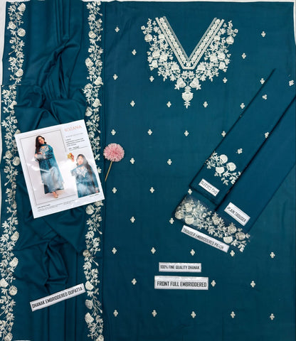 Rozana FF 7626C Teal Dhanak Unstitched Suit with Embroidered Shawl