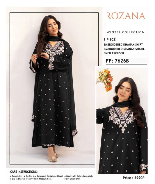 Rozana FF 7626B Black Embroidered Dhanak 3-Piece Winter Suit - Model View