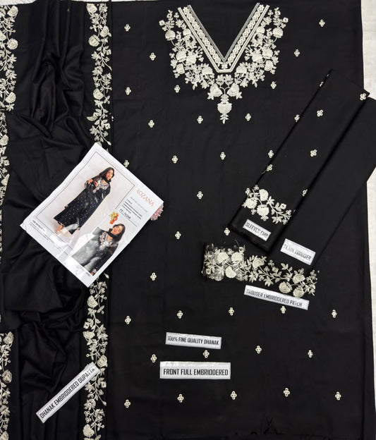 Rozana FF 7626B Black Dhanak Unstitched Suit - Fabric Flat Lay Detail