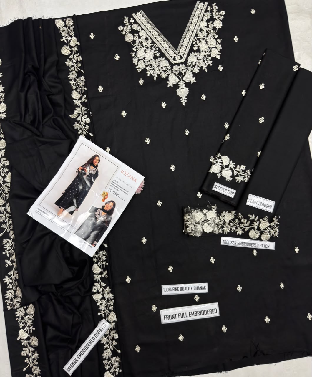 Rozana FF 7626B Black Dhanak Front Full Embroidered Winter Collection