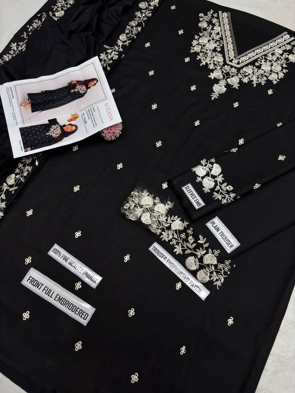 Rozana FF 7626B Black Embroidered Dhanak with Dupatta - Fabric Detail