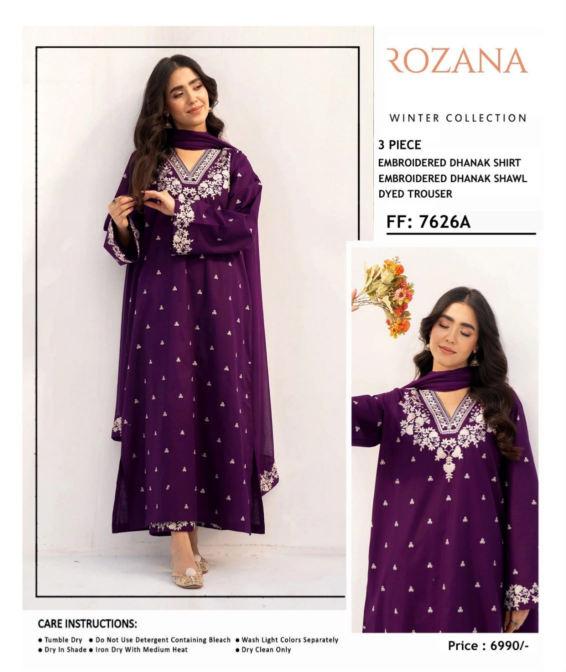 Rozana FF 7626A Purple Embroidered Dhanak 3-Piece Winter Suit - Model View