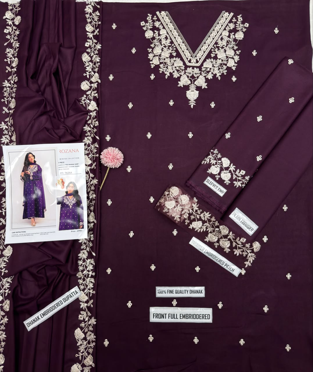 Rozana FF 7626A Purple Dhanak Unstitched Suit - Fabric Flat Lay Detail