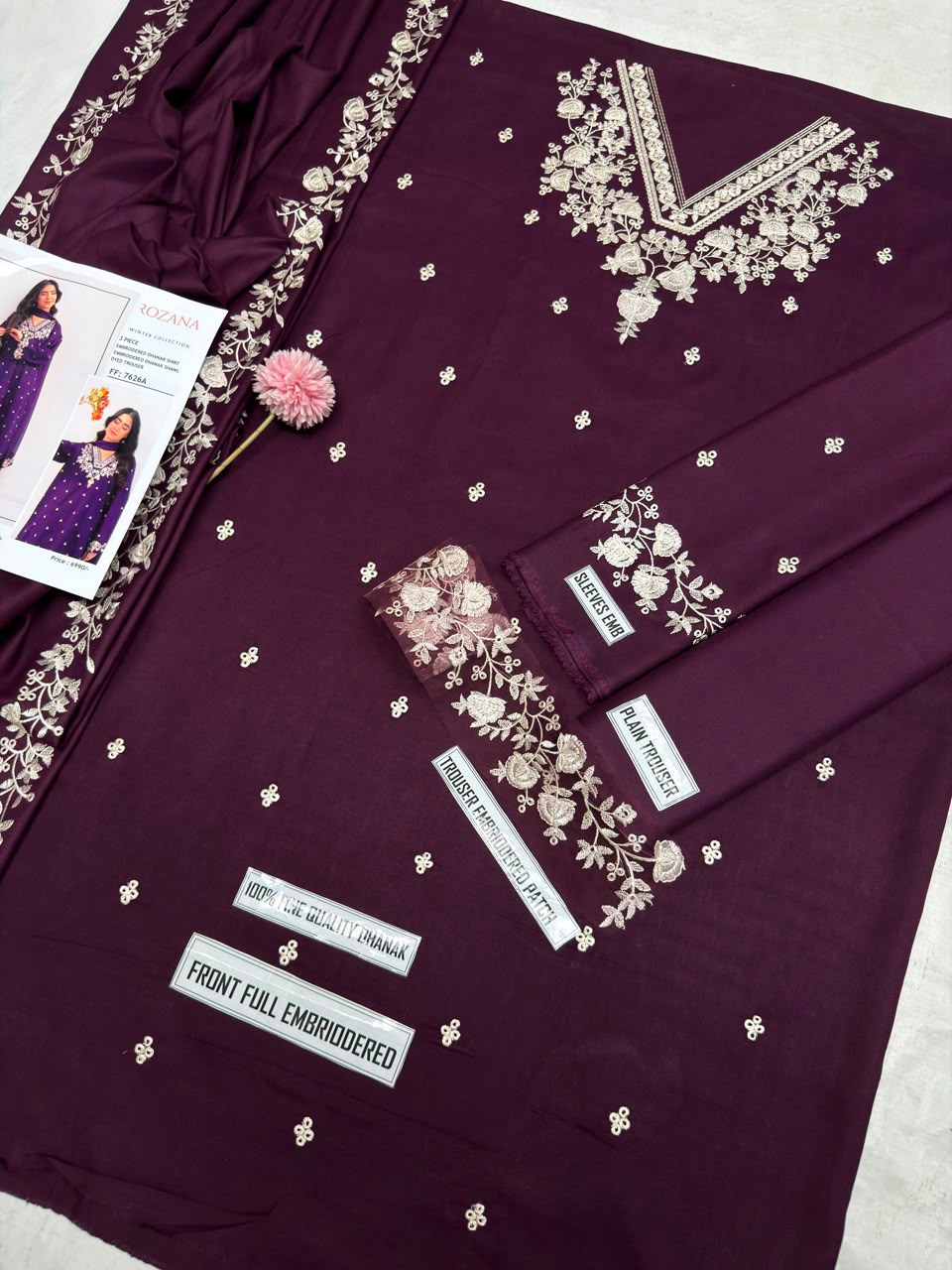 Rozana FF 7626A Purple Embroidered Dhanak with Dupatta - Fabric Detail