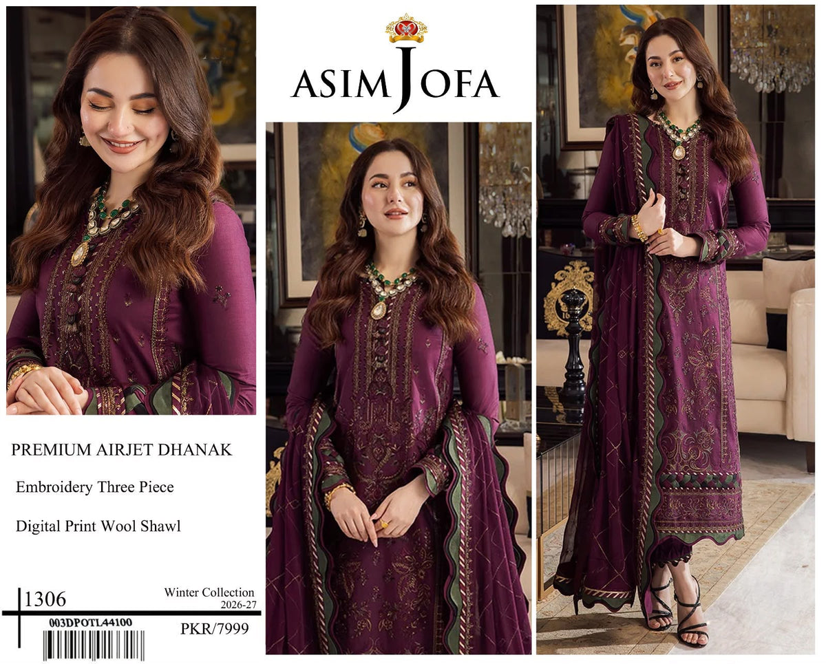 Asim Jofa 1306 Premium Airjet Dhanak 3-Piece Winter Collection 2026-27 - Model Shot