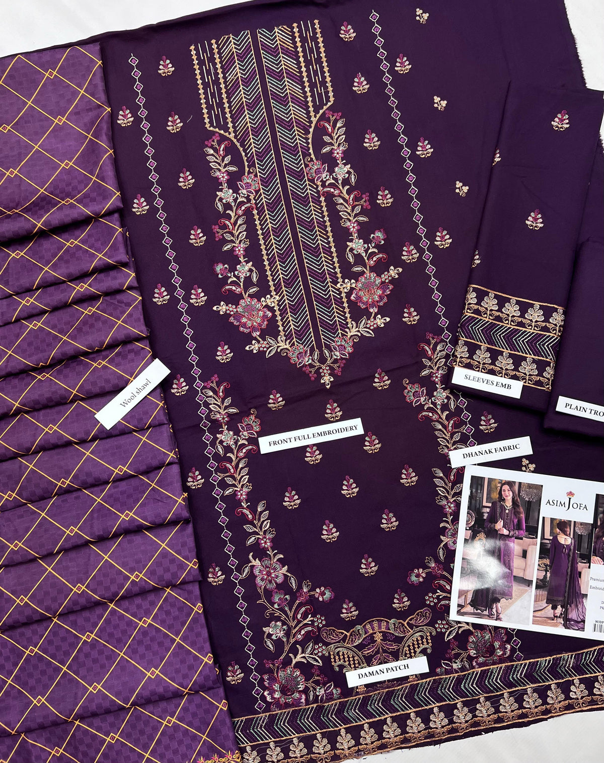 Asim Jofa 1306 Airjet Dhanak fabric flat lay - Front Full Embroidery and Wool Shawl detail