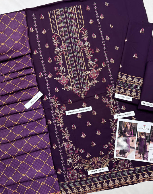 Asim Jofa 1306 Airjet Dhanak fabric flat lay - Front Full Embroidery and Wool Shawl detail