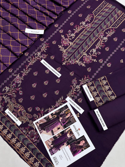 Asim Jofa 1306 Airjet Dhanak 3-Piece flat lay - Complete set with Plain Trouser and Wool Shawl