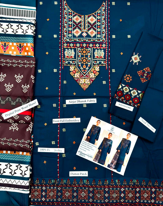Sapphire 1225 Airjet Dhanak fabric detail - Front Full Embroidery and Digital Print Wool Shawl