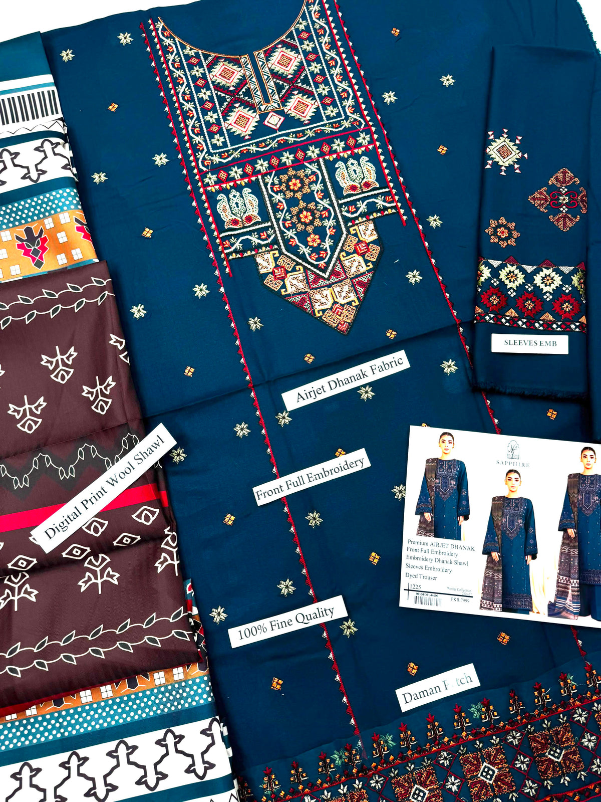 Sapphire 1225 Airjet Dhanak 3-Piece flat lay - Embroidery and Daman Patch detail