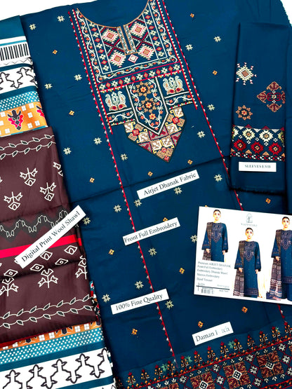 Sapphire 1225 Airjet Dhanak 3-Piece flat lay - Embroidery and Daman Patch detail