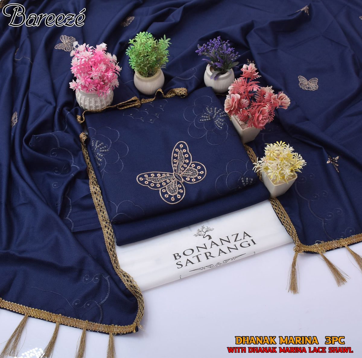 Bonanza Satrangi Dhanak Marina 3PC Embroidered Suit with Shawl