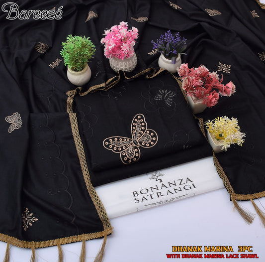 Bonanza Satrangi Dhanak Marina 3PC Embroidered Suit with Lace Shawl