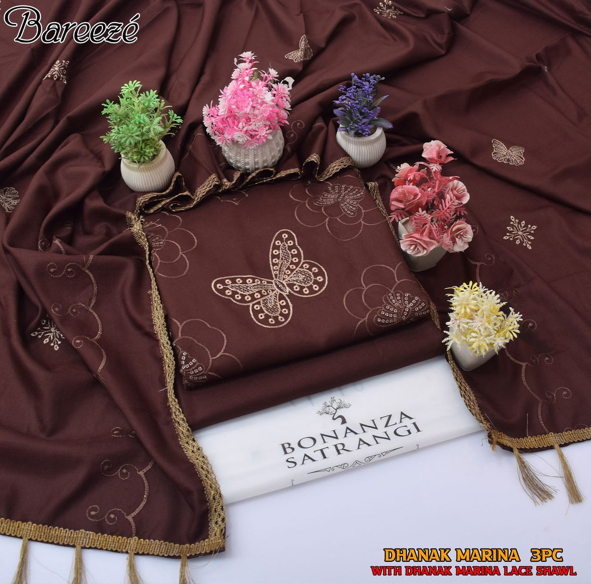 Bonanza Satrangi Dhanak Marina 3PC Embroidered Suit with Shawl