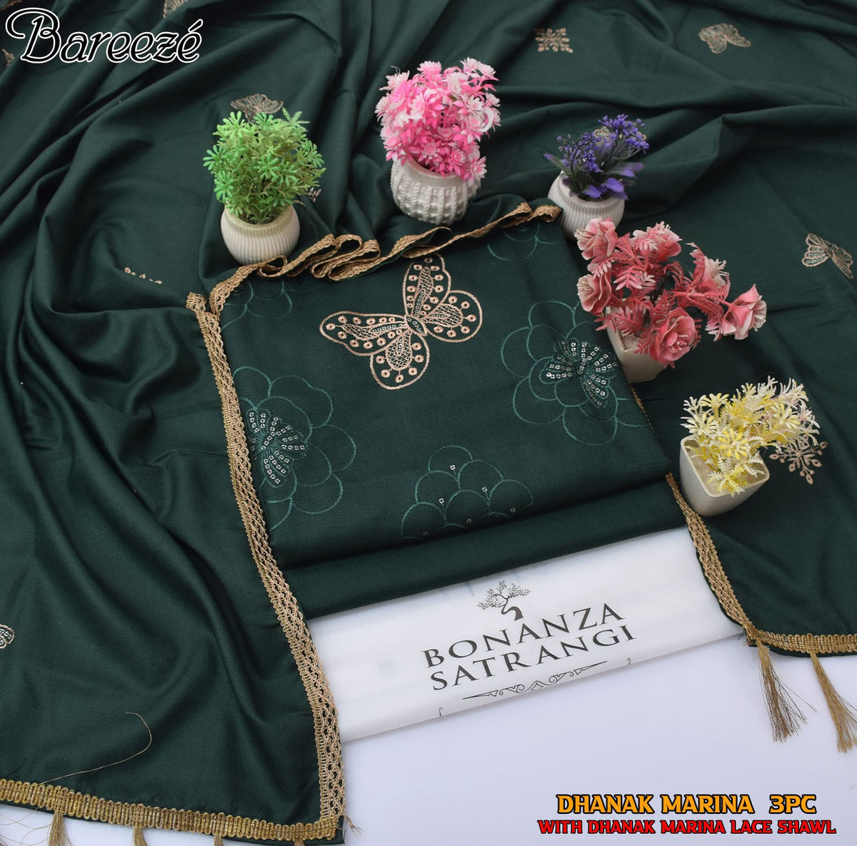 Bonanza Satrangi Dhanak Marina 3PC Embroidered Suit with Shawl