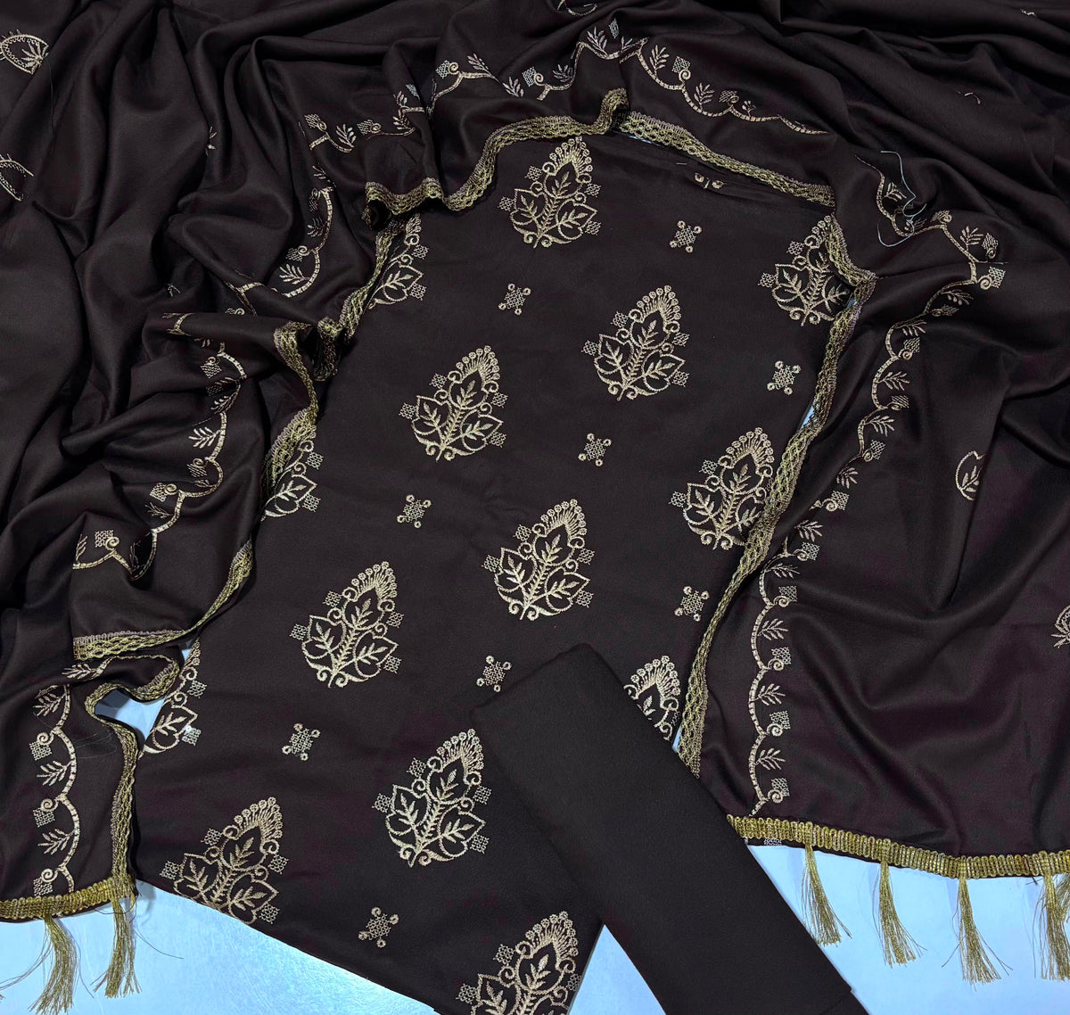 Bonanza Satrangi Dhanak Marina 3PC Brown Embroidered Suit with Gold Embroidery and Lace Shawl
