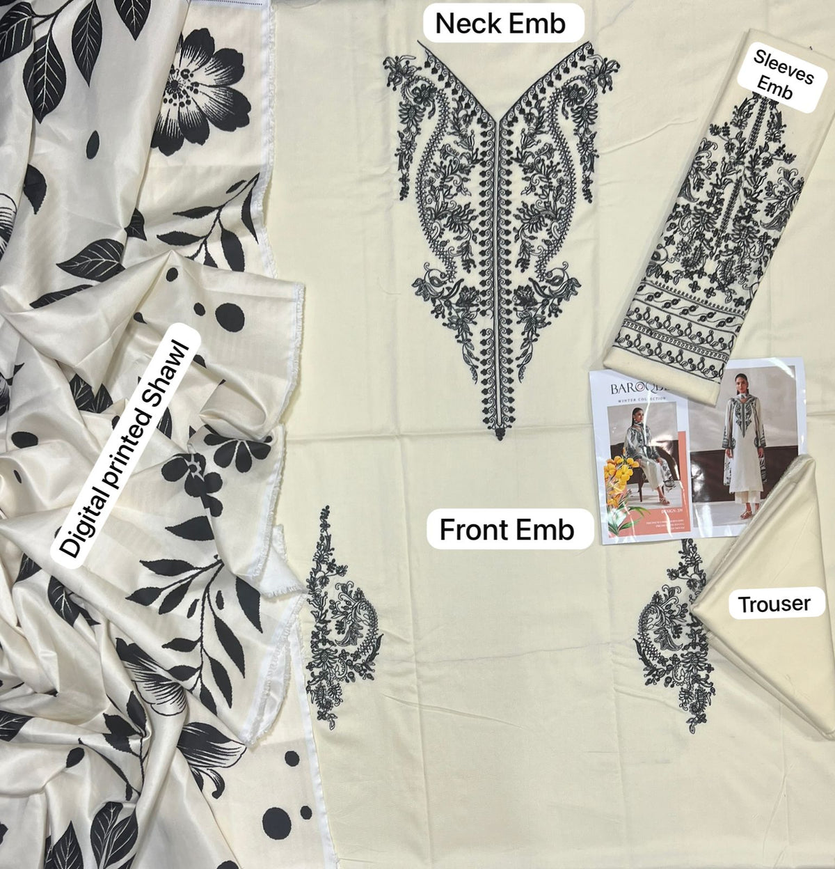 Baroque Winter 2026 - Ivory dhanak suit flatlay showing neck embroidery, front embroidery, sleeves, digital printed shawl and trouser