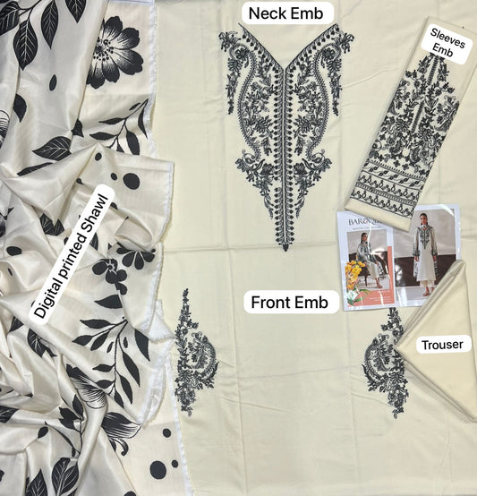 Baroque Winter 2026 - Ivory dhanak suit flatlay showing neck embroidery, front embroidery, sleeves, digital printed shawl and trouser