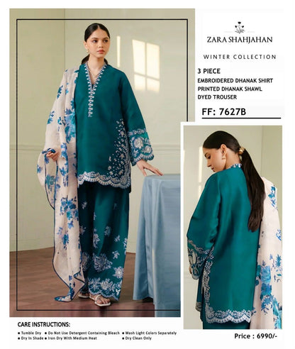 Zara Shahjahan FF-7627C Embroidered Dhanak 3-Piece Winter Collection