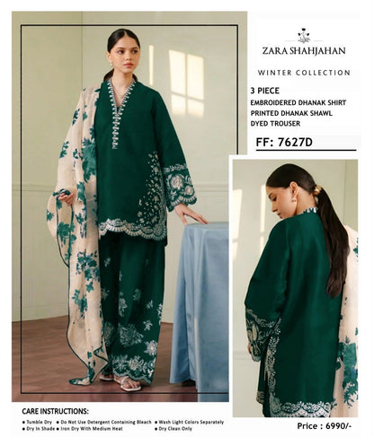 Zara Shahjahan FF-7627C Embroidered Dhanak 3-Piece Winter Collection