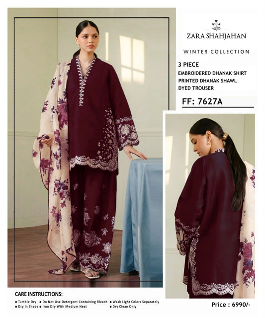 Zara Shahjahan FF-7627C Embroidered Dhanak 3-Piece Winter Collection
