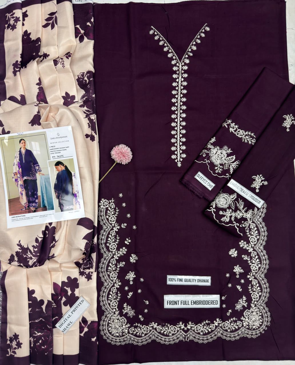 Zara Shahjahan FF-7627C - Fabric flatlay showing embroidered shirt, digital print shawl and dyed trouser