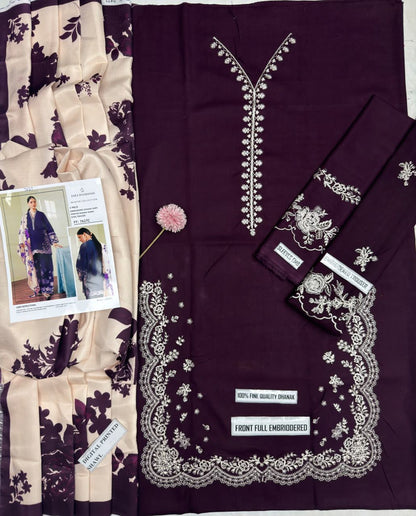 Zara Shahjahan FF-7627C - Fabric flatlay showing embroidered shirt, digital print shawl and dyed trouser