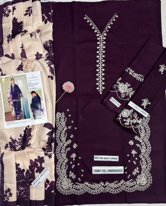 Zara Shahjahan FF-7627C - Fabric flatlay showing embroidered shirt, digital print shawl and dyed trouser