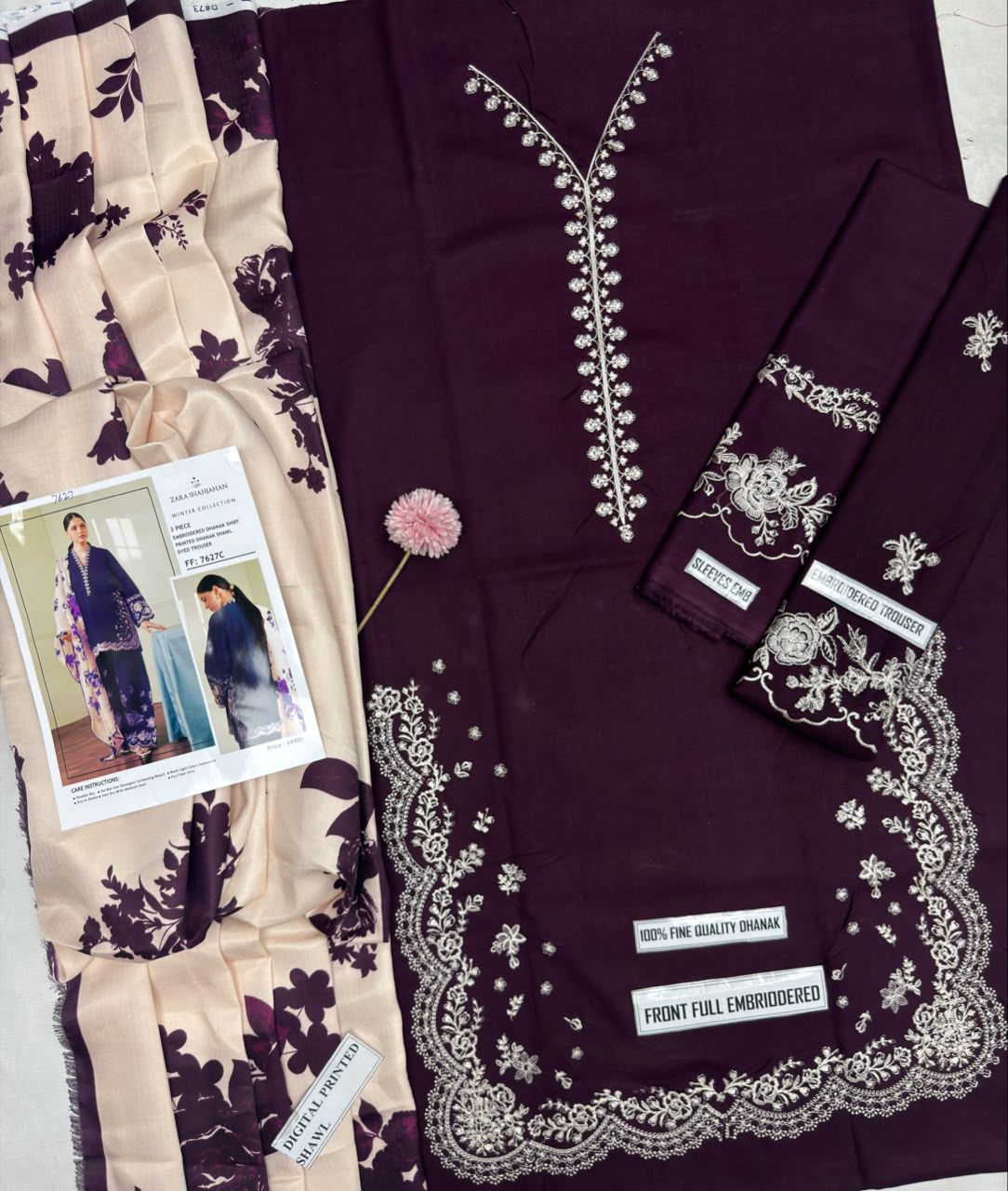 Zara Shahjahan FF-7627C - Close-up flatlay of heavy embroidery detail and printed shawl