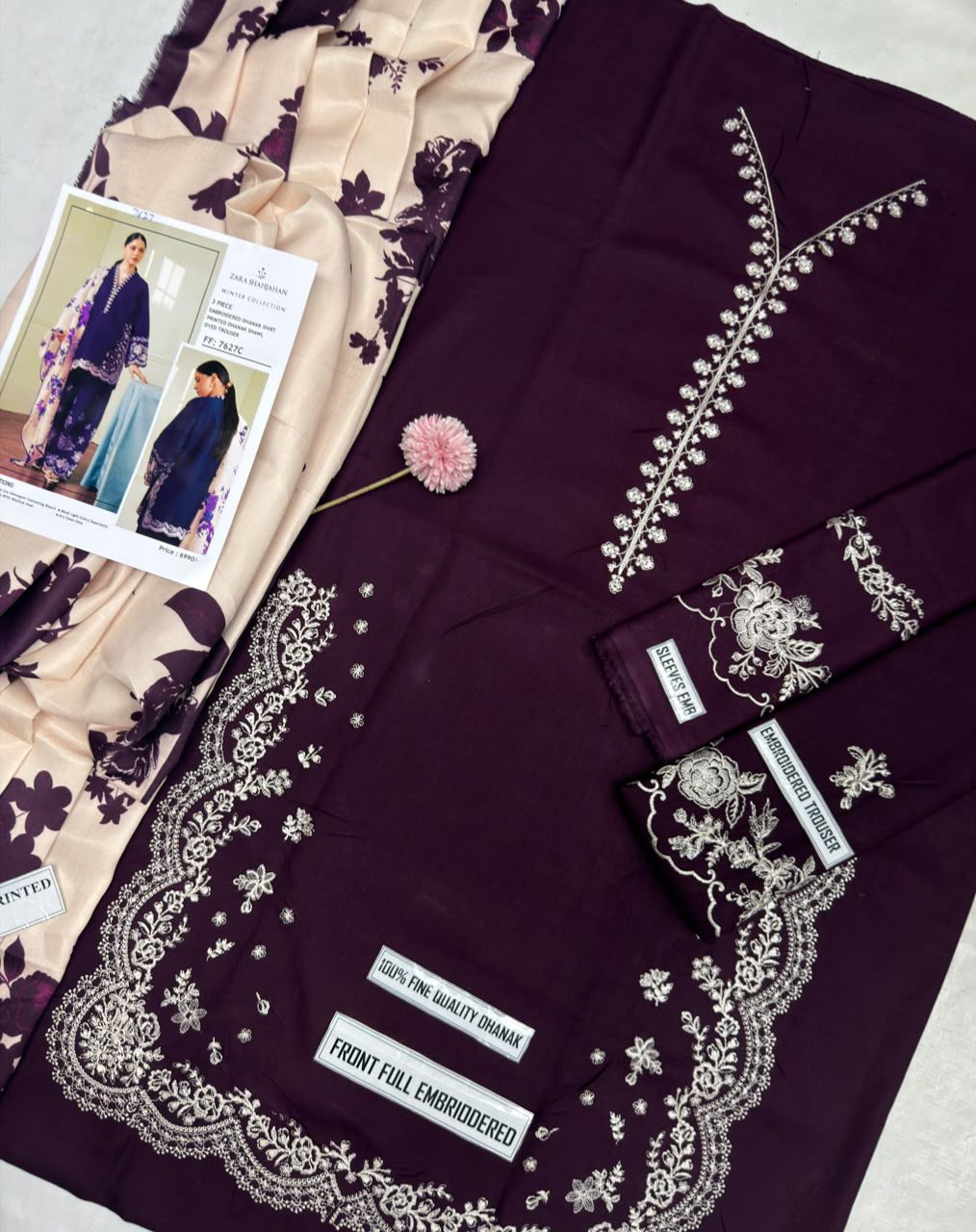 Zara Shahjahan FF-7627C - Full suit flatlay with front full embroidery and digital shawl