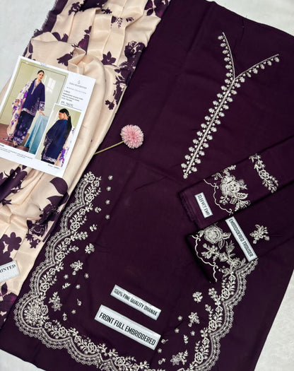 Zara Shahjahan FF-7627C - Full suit flatlay with front full embroidery and digital shawl